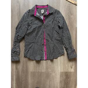 Anne Klein Women's button down long sleeve shirt, Black White Polka Dot, size 6